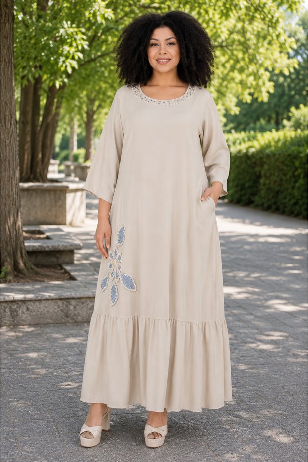 Plus Size Crew Neck Stone Detailed Embroidered Skirt Hem Ruffle Loose Cut Long Women's Dress