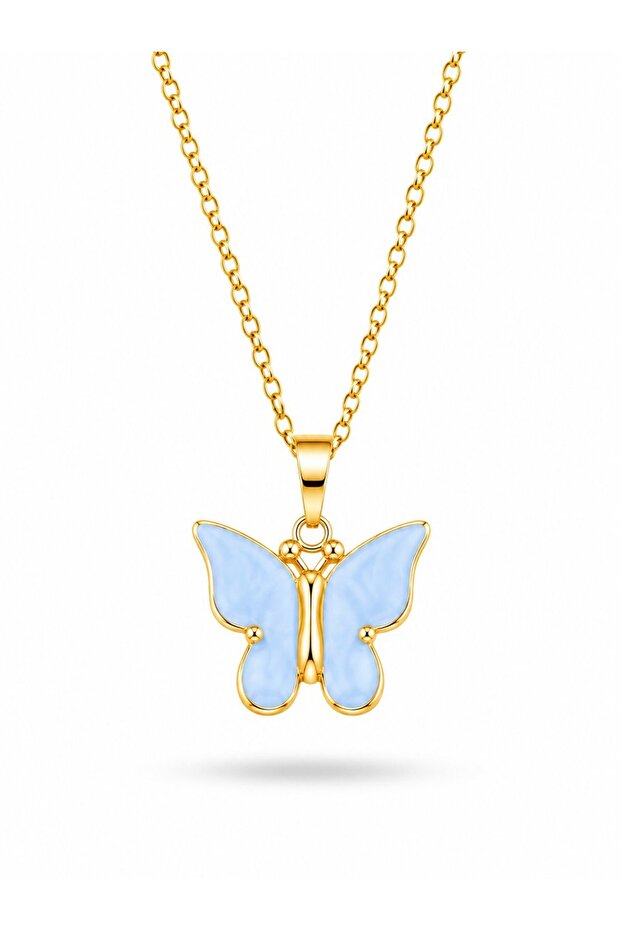 Gold Color Plated Ice Blue Color Pearlescent Butterfly Necklace