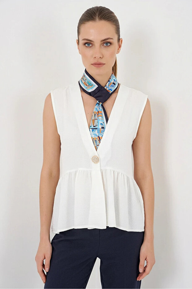 Women's V-Neck Gathered Waist Zero Sleeve Buttoned White Blouse