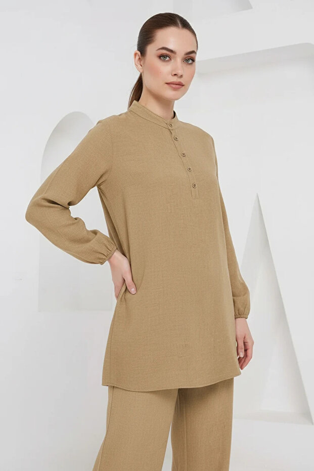 Women's High Collar Buttoned Viscose Biscuit Two-Piece Set