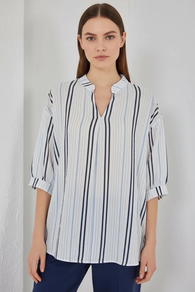 Women's Shirt Collar Oversize Striped Cotton Light Blue Blouse