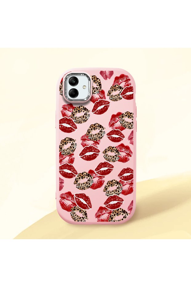 Samsung Galaxy A04 Compatible Case Camera Protector Pink Silicone Couple Phone Case with Kiss Pattern