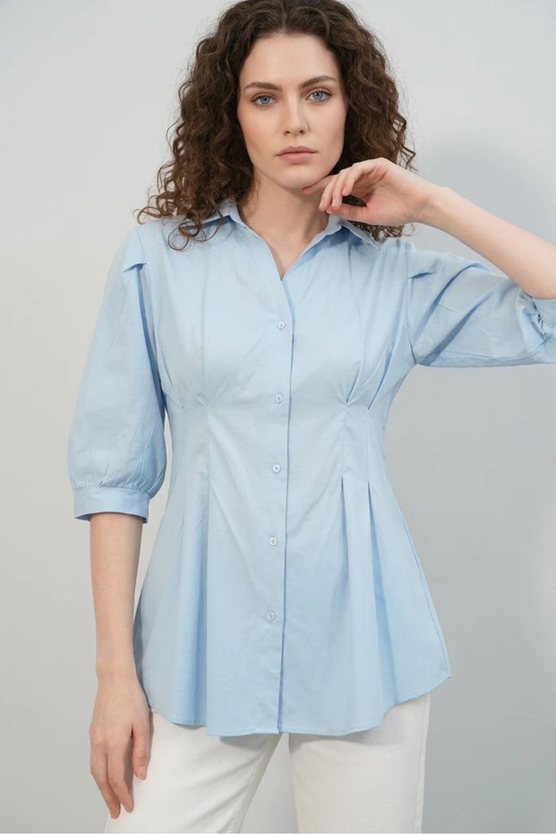 Women's Blue Shirt with Pleated Detail and Waistband