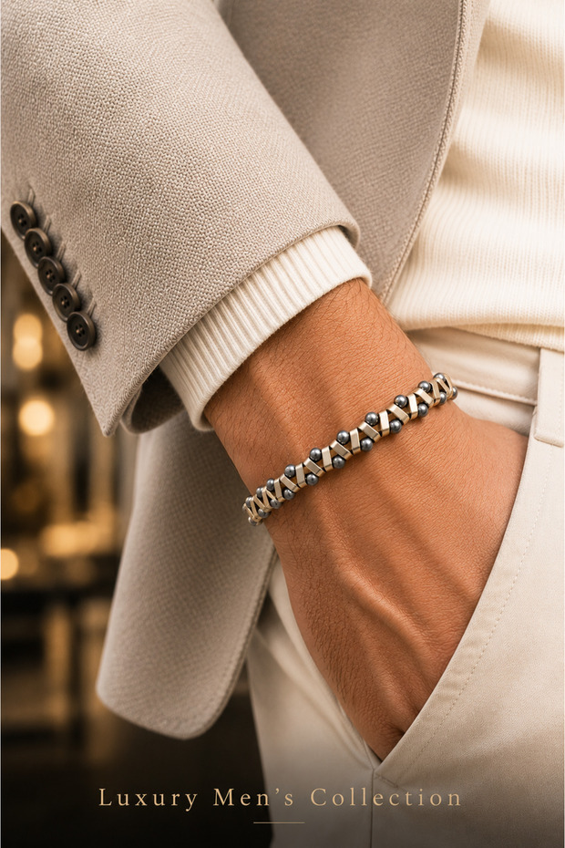 Luxury Men's Yellow and Gray Beaded Design Knitted Bijouterie Bracelet