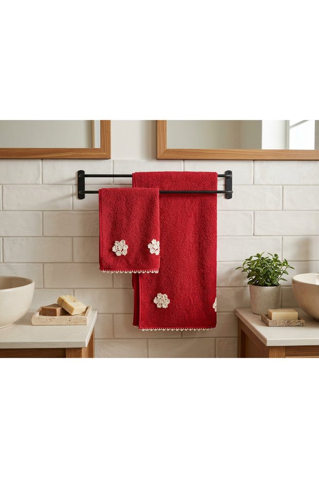 Completely Handcrafted Elegant Cherry Blossom and Lace Detailed Cotton Bath Towel Set of 2 | Hand and Face Towel and Bath Towel | Soft Textured Decorative Towel Set