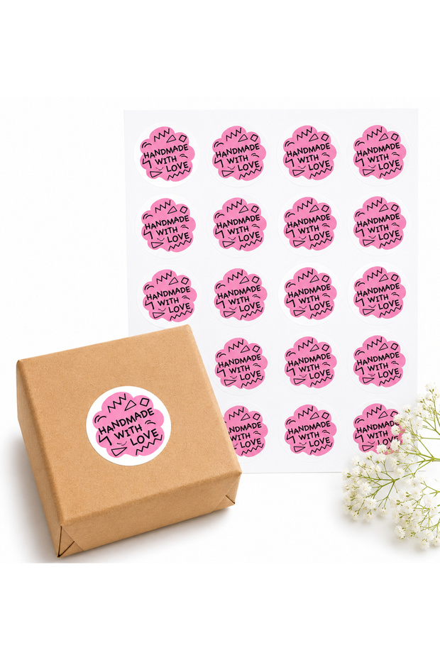 Handmade With Love Printed 4 Cm Round Sticker 24 Pieces