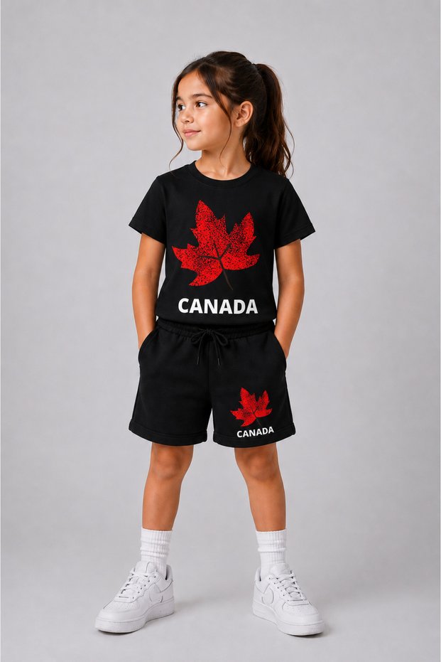 Girls' T-Shirt and Shorts Set 100% Cotton Summer Comfortable Fit Canada Printed Sports Casual Set (Shorts and T-Shirt Set)