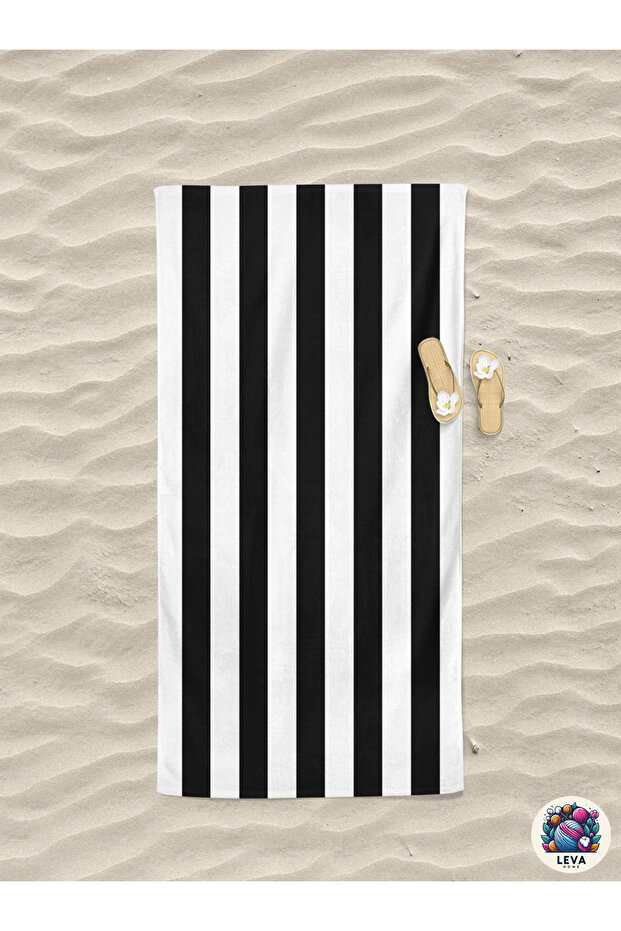 Black and White Patterned Cotton Digital Printed Young Boys' Beach Bath Towel
