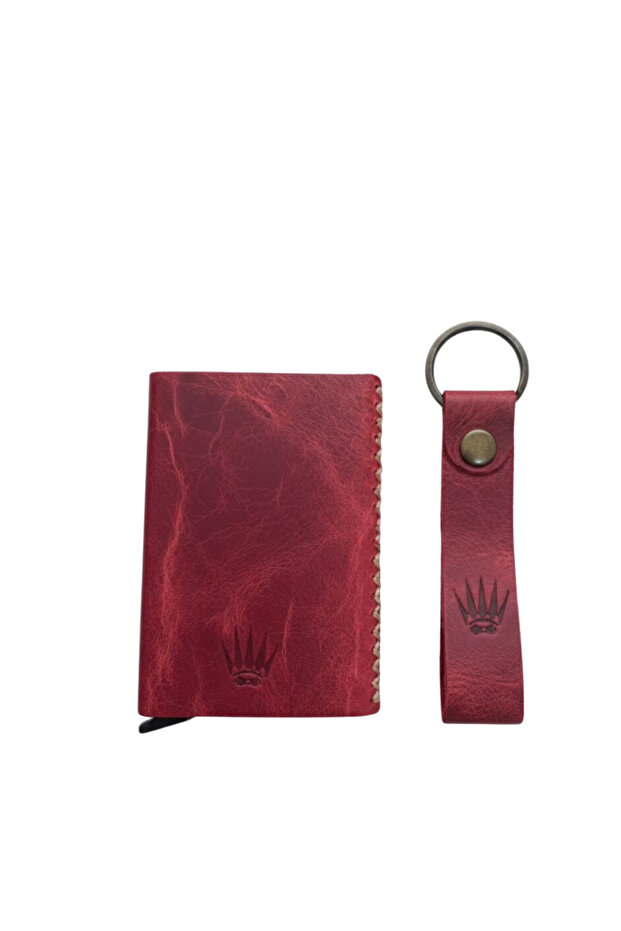 Gift Set Genuine Leather Red Mechanism Card Holder & Keychain