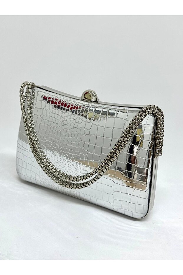 Women's Crocodile Silver Evening Dress Clutch Chain Strap Hand and Shoulder Wedding Engagement Evening Bag