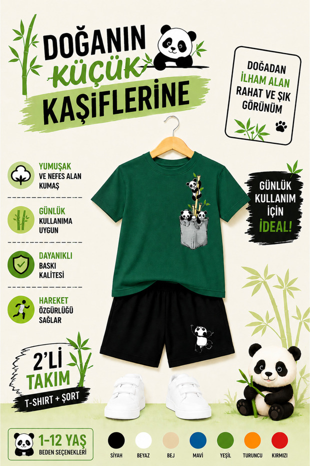 🐼 Nature's Little Explorers Panda Printed Kids' Set – Comfortable, Stylish, and Energetic Combination | Trendy Summer Set for Ages 1-12