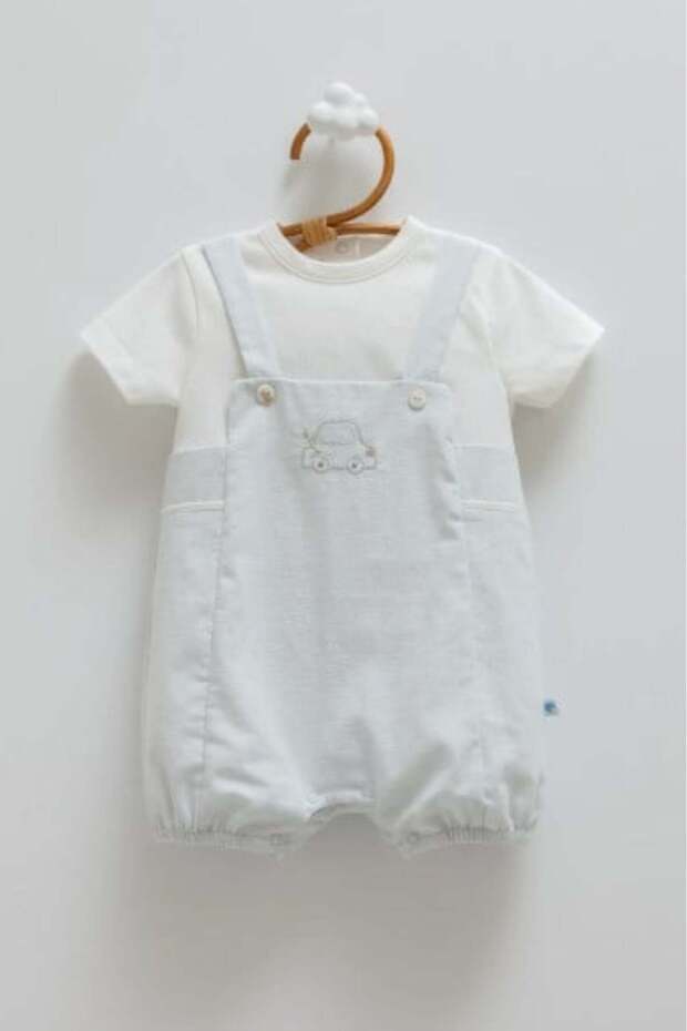 Baby Boy Car Embroidered Cotton-Linen Blend Short Jumpsuit 1-12 Months Blue