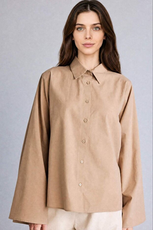 100% Cotton Regular Fit Voile Long Sleeve Beige Tunic H5281Ax26Sm