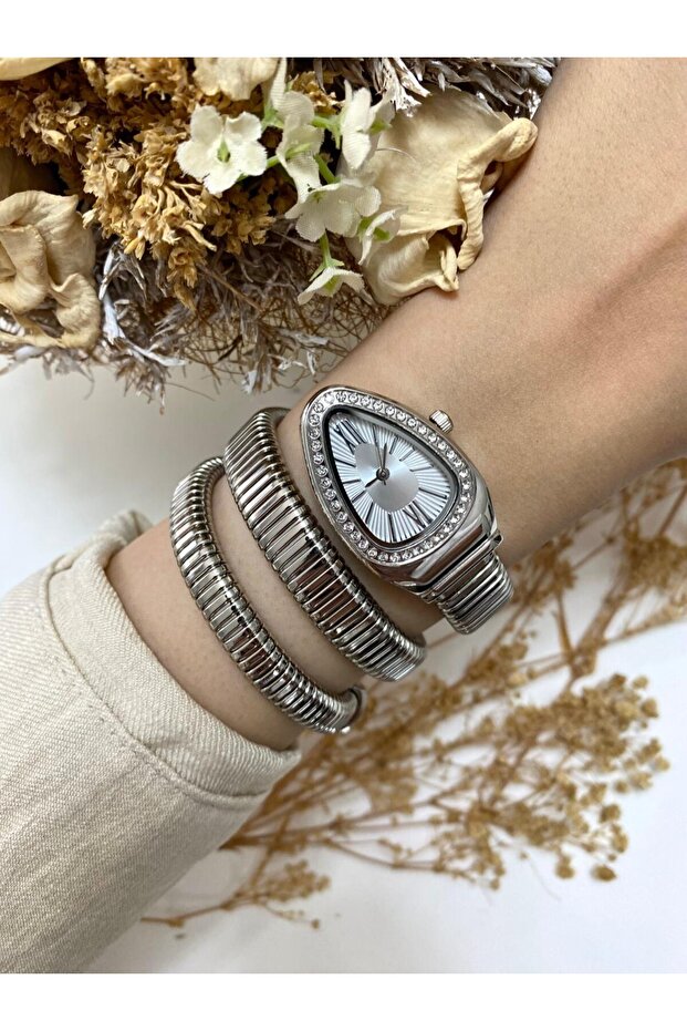 Snake Model Stone Silver White Dial Steel Women Wrist Watch