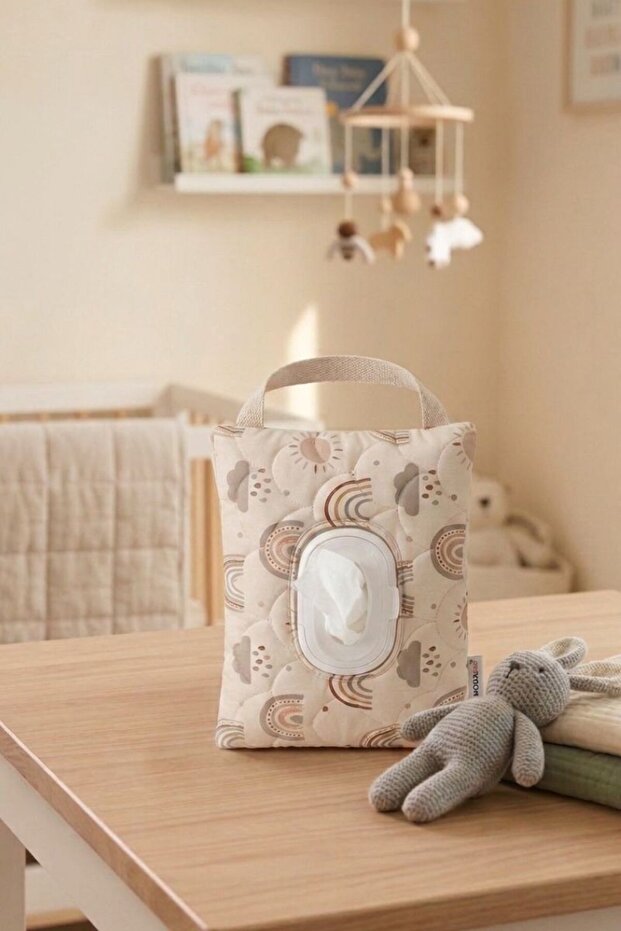 Portable Mother Baby Zippered Wet Wipe Case with Strap Baby Stroller Crib Side Quilted Bag