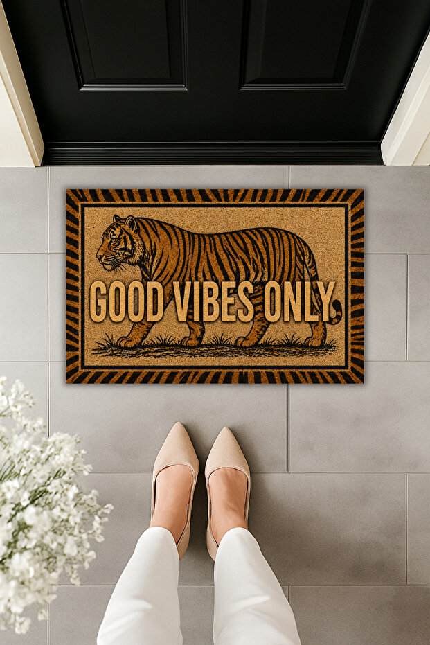 Tiger Patterned Good Vibes Only Door Mat – Digital Print Decorative Non-Slip Mat 70X45 cm