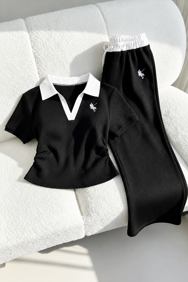 Glad Black Ribbed Polo Collar Lycra Embroidered Premium Drawstring Blouse Sweatpants - Top and Bottom Set