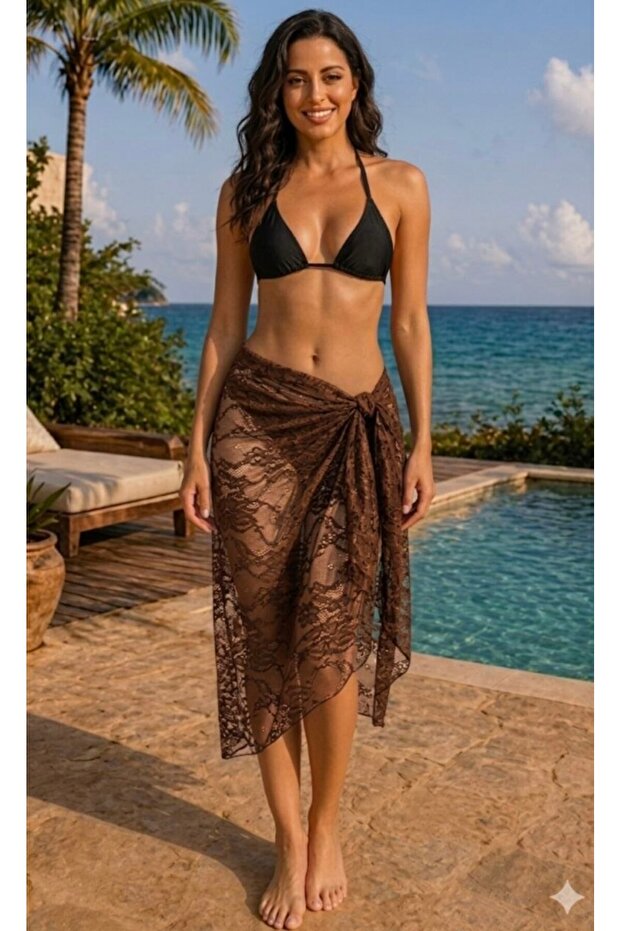 Tied Patterned Brown Chiffon Alaçatı Pareo