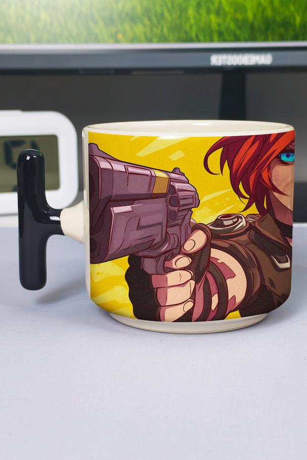كوب سيراميك فاخر مطبوع عليه Borderlands (قطعة واحدة) على شكل حرف T بمقبض أسود خاص بمقبض مموج V5T