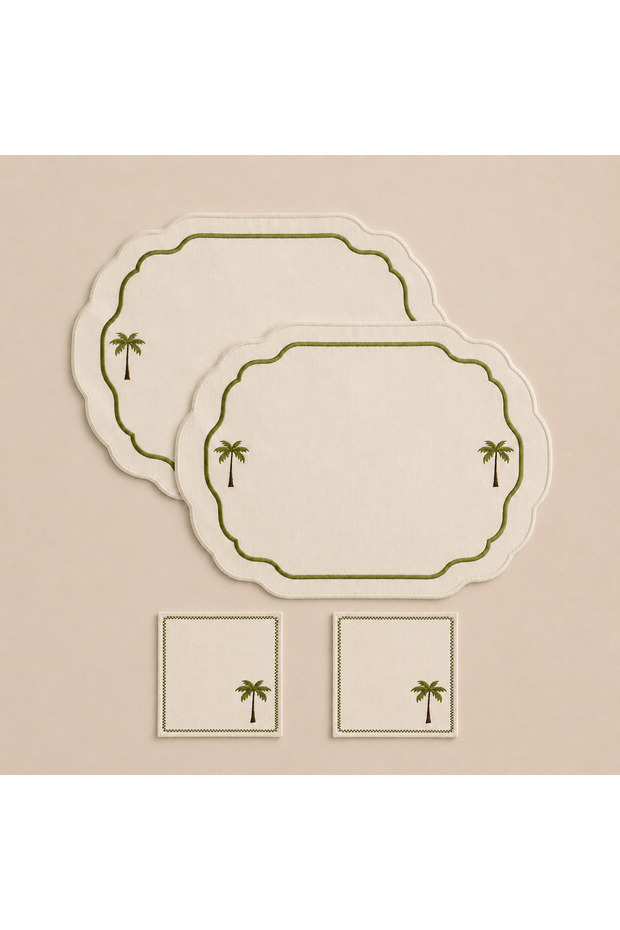 4 Piece 2 Person Palm Embroidered Tableware Set (2 American Placemats 45X30 + 2 Cocktail Napkins 14X14) | Palm Season