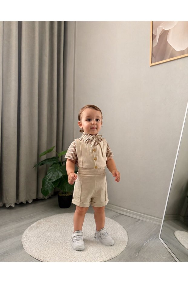 Cream Baby Boy Short Sleeve Short Leg Salopet Set with Gingham Shirt and Bow Tie Special Occasion Combination