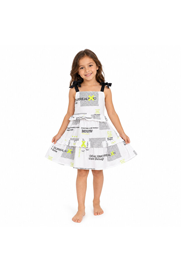 Girl's Strappy Bowknot Layered Ruffle Patterned Summer Dress