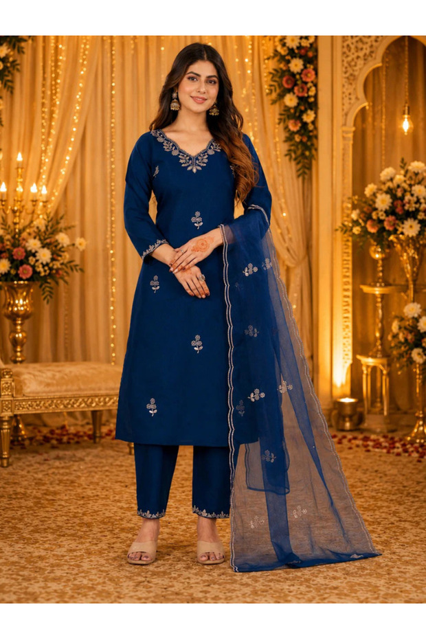 Blue Cotton Blend Embroidered Kurta Set - FFT8365 | Blue