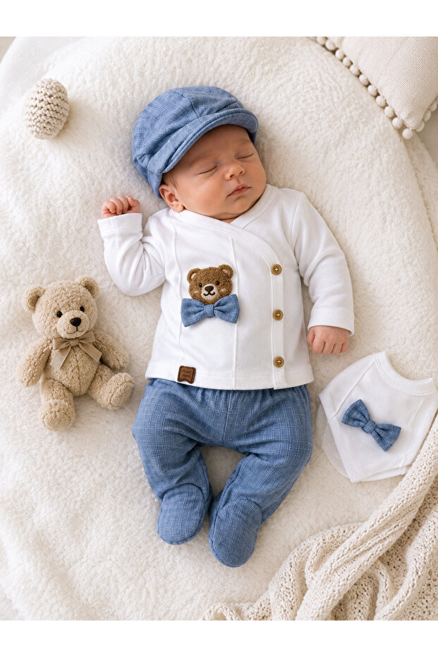 Baby Boy Waffle Fabric Teddy Bear Detailed 5-Piece Hospital Release Set