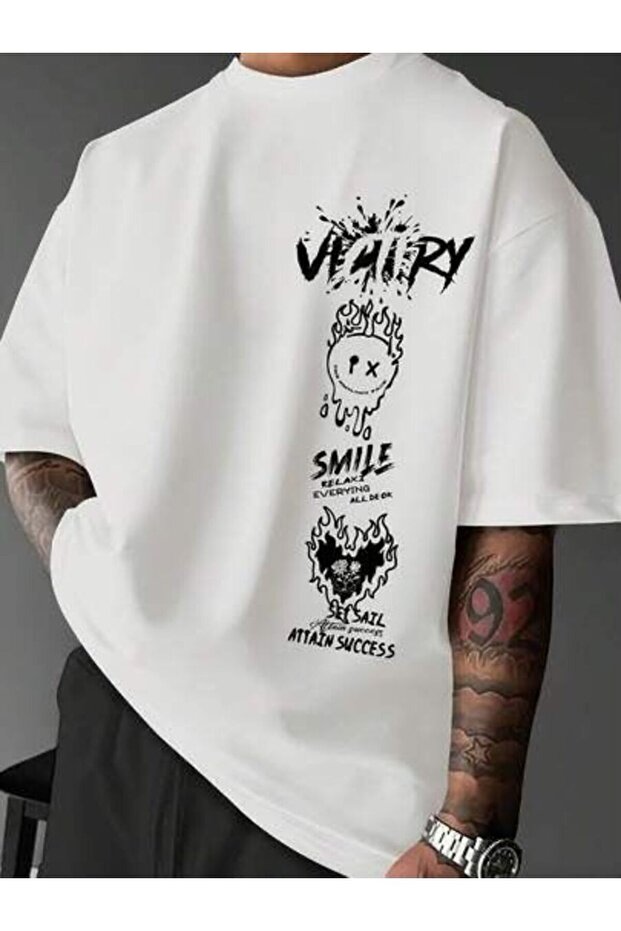 Oversize Printed Unisex T-Shirt | Bicycle Collar | White