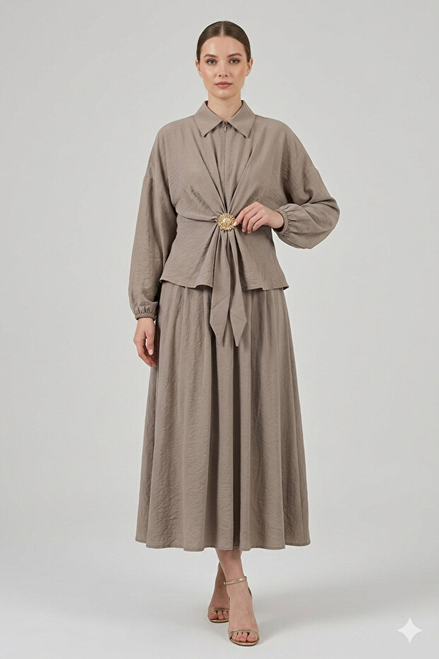 Blouse with Buckle and Skirt with Elastic Waist Set 51345