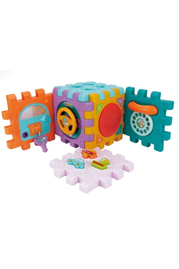 Removable educational cube with lights, sounds and shape sorting activities