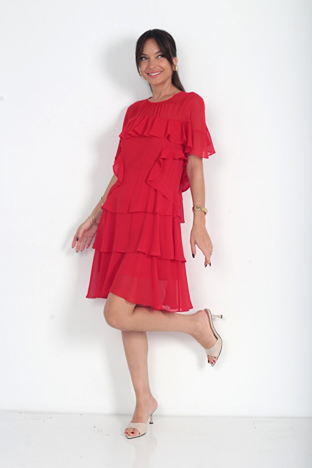 Women's Layered Ruffle Lined Short Chiffon İtali Dress