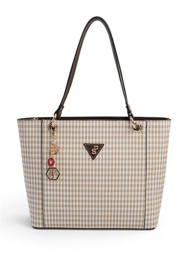 Sand Beige - Brown Plaid Line Square Women's Shoulder Bag Sp1176