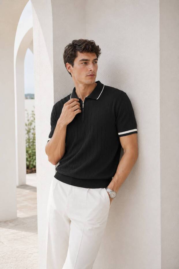 Men's Polyoyaka Zipper Knitwear T-Shirt Summer Short-Sleeve 100% Cotton Basic T-Shirt