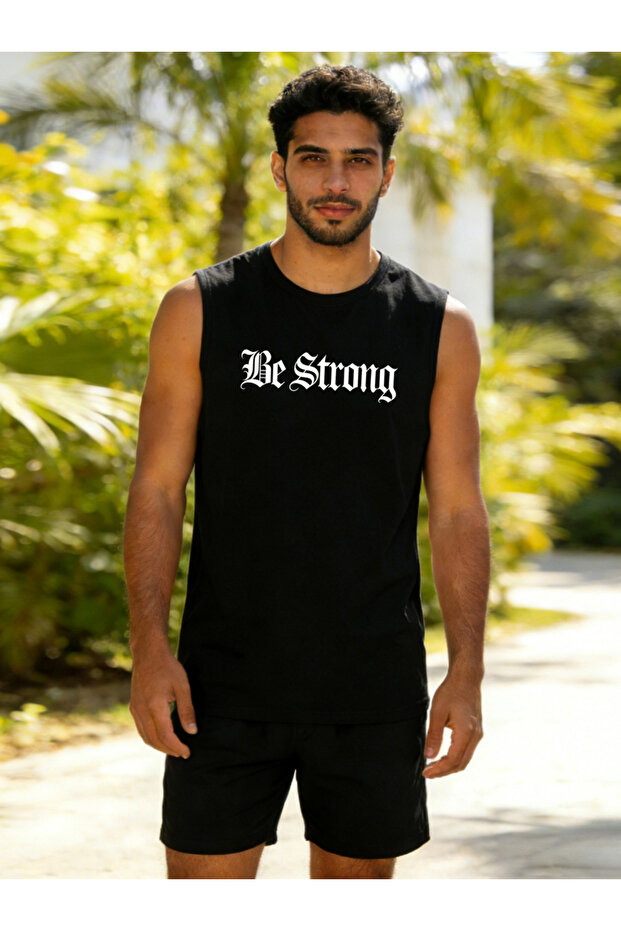 Men Black Text Print Round Neck Tank and Shorts Co-Ords