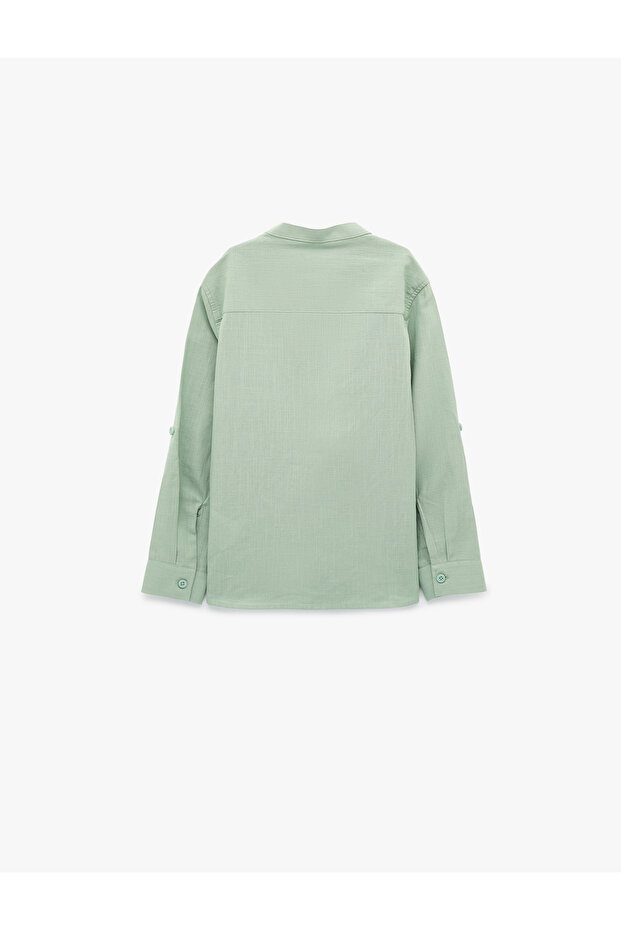 Buttoned Stand Collar Cotton Basic Shirt - 2
