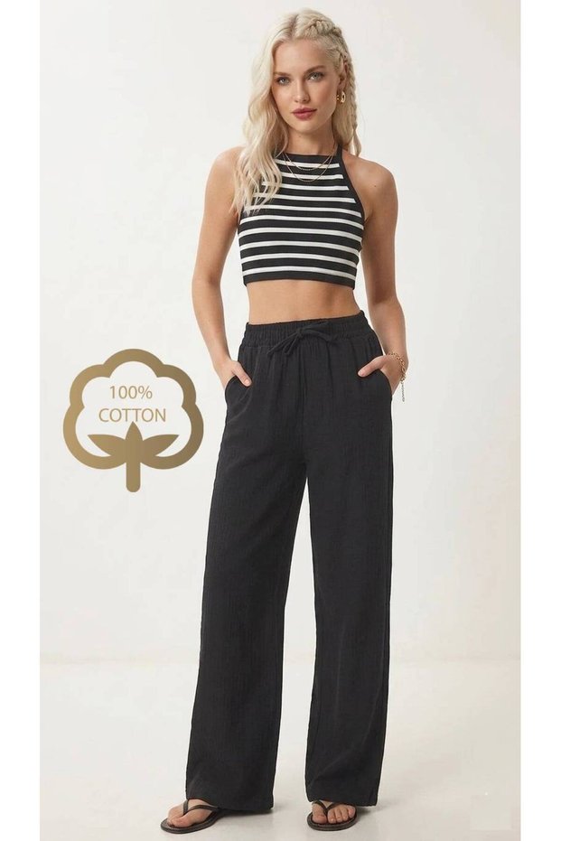 100% Cotton Linen Look Palazzo Summer Fabric Comfortable Cut Lace-Up Elastic Pockets Women's Pantalon Anti-Sweat