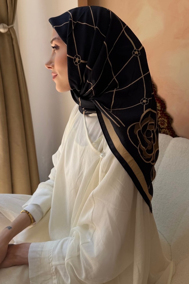 Black Floral Patterned Silk Scarf