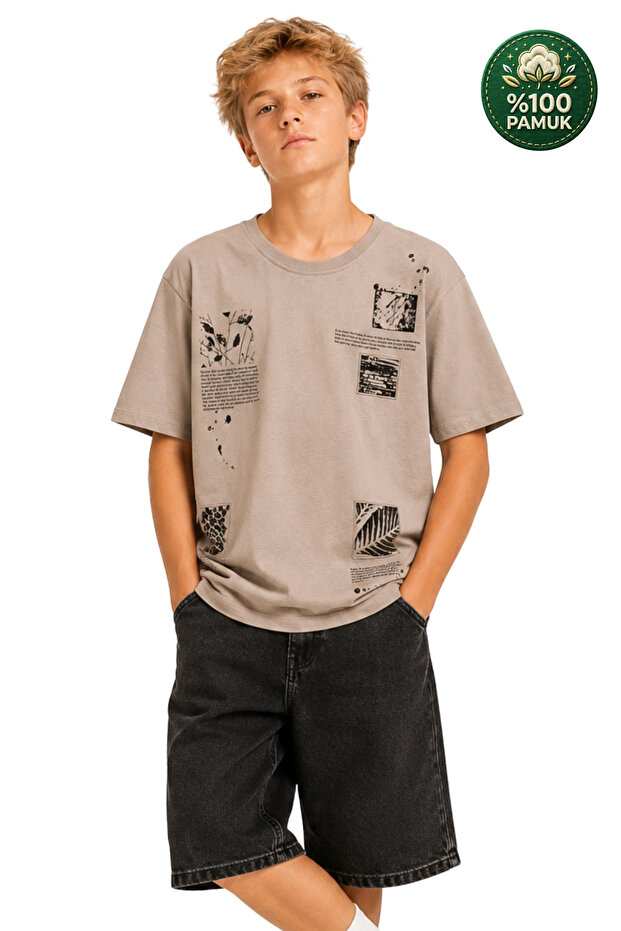 Men's Basic Short Sleeve 100% Cotton Printed T-Shirt with Embroidery Detail, Cool and Comfortable Beige T-Shirt