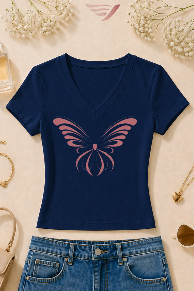 Women's Butterfly Printed Basic Daily Use V-Neck Slim Fit Lycra T-Shirt