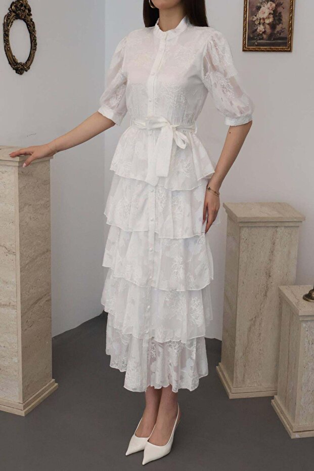 Layered Patterned Belted Buttoned Midi Dress - 5