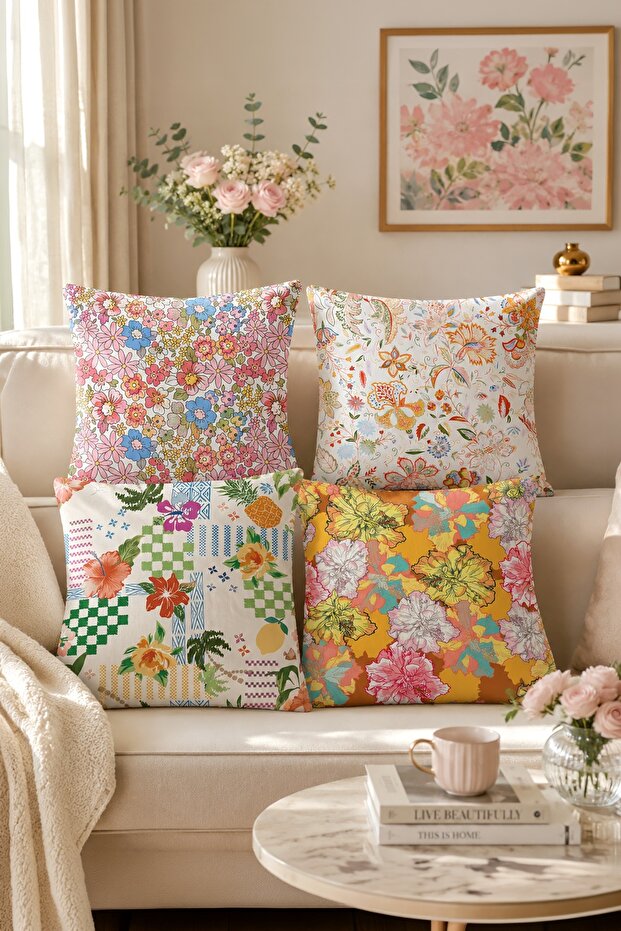 Refreshing Flowers Patterned 4-Piece Throw Pillow Cover Set