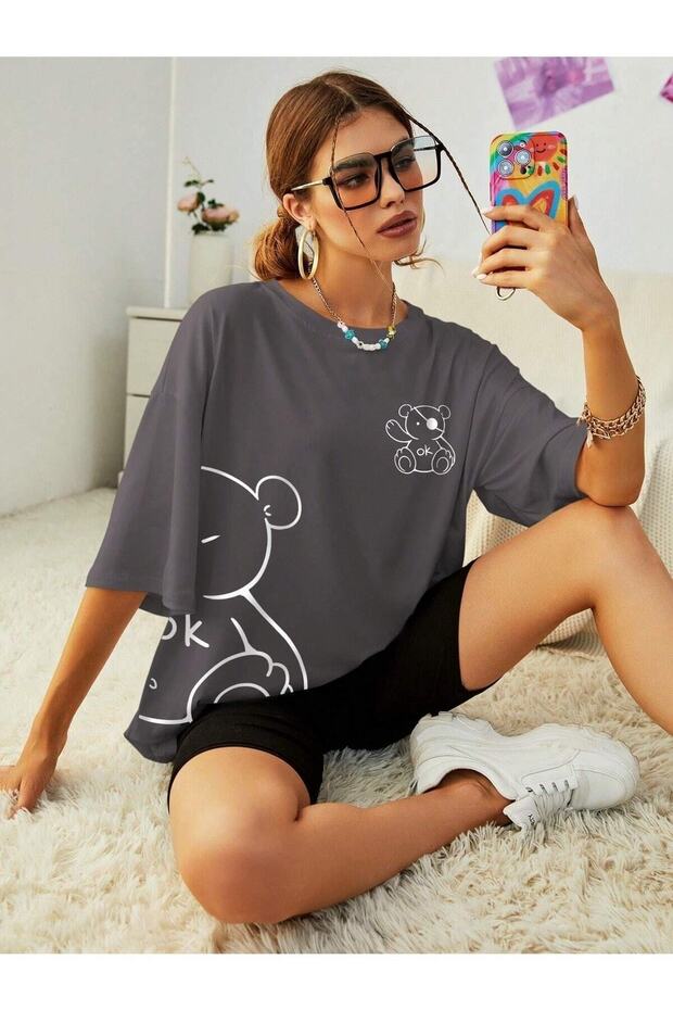 Teddy Bear Printed Women's Oversize T-shirt Casual Boyfirend
