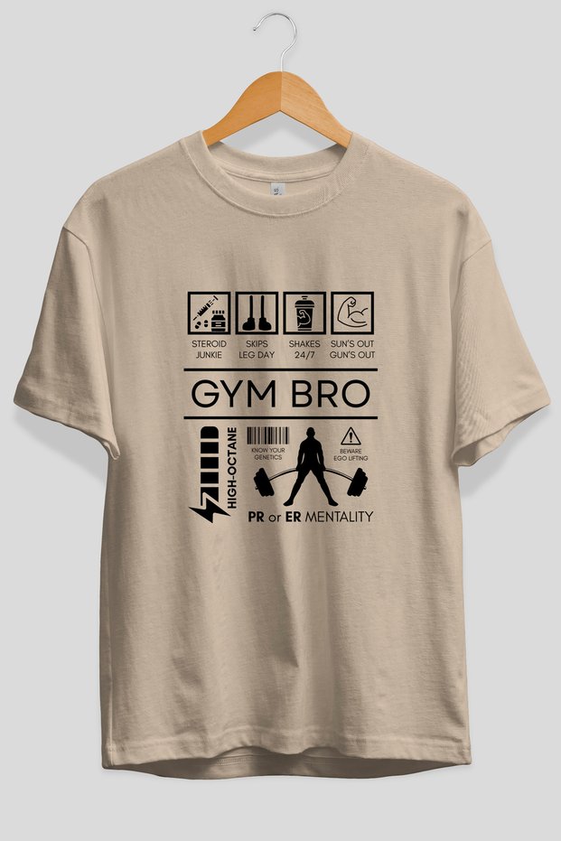Gym Bro Oversize Front Printed Beige T-Shirt 100% Cotton Streetwear Premium Comfortable Fit