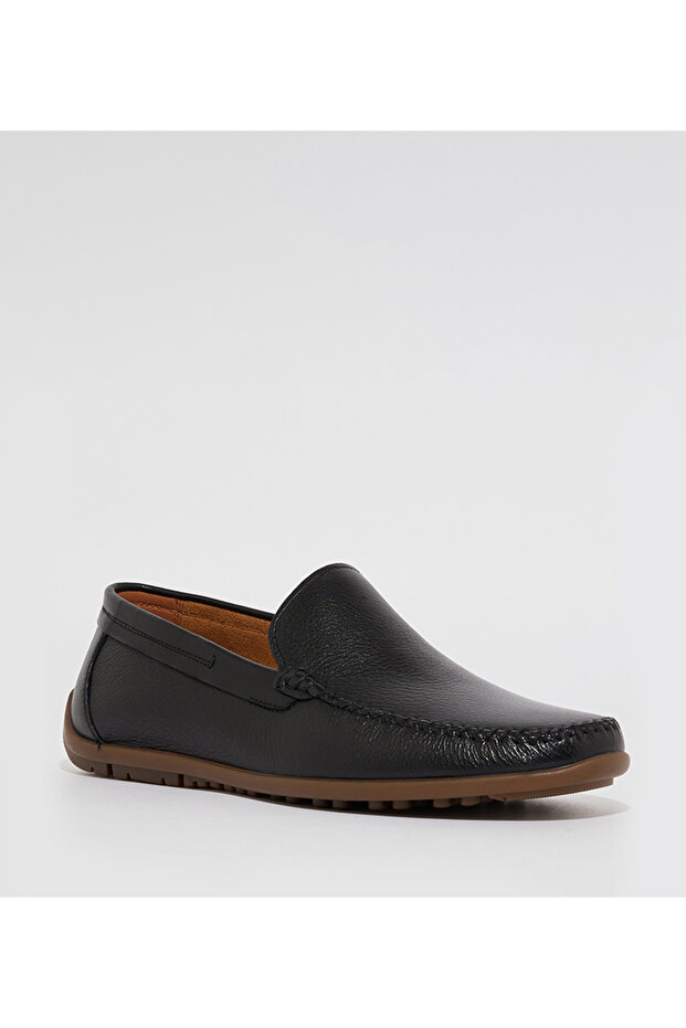 Plain Black Leather Loafers Shoes