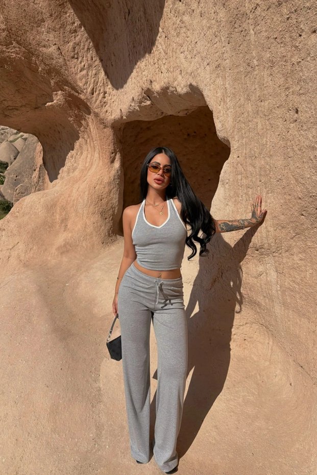 Women's Gray Collar Detailed Halter Neck Blouse and Pants Set