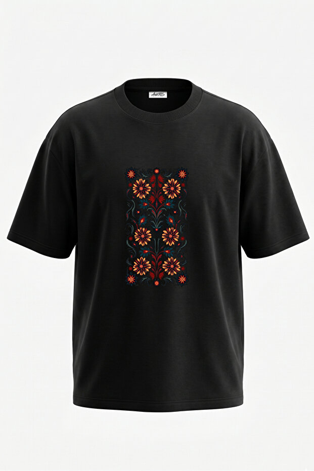 Folk Art Floral Design Back Printed Cotton Black Oversize T-Shirt
