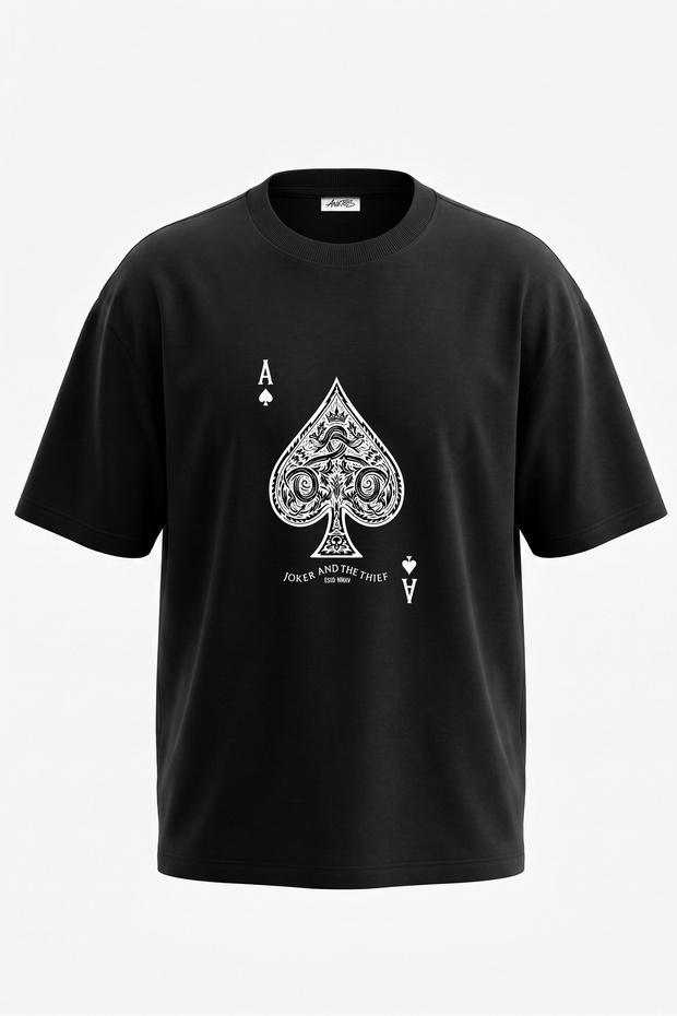 Ace of Spades Design Back Printed Cotton Black Oversize T-Shirt