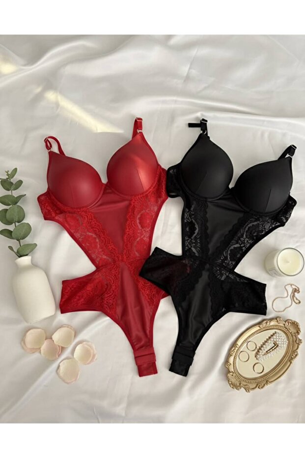 Transparent Lace Modern Red and Black Double Bodysuit