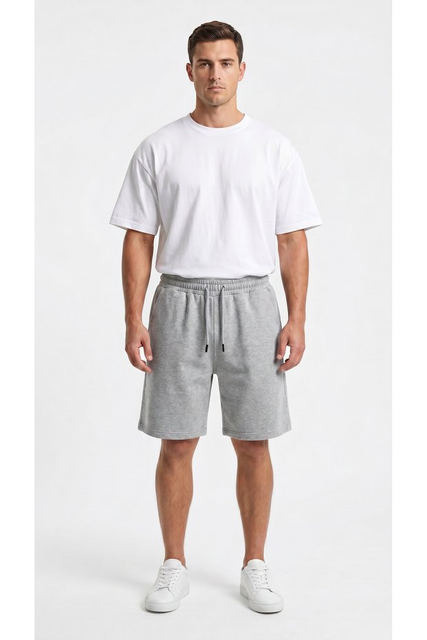Men's Gray Color Oversize Comfortable Combed Cotton Shorts with Side Pockets